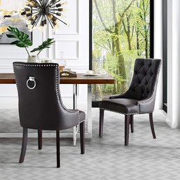 #26 InspiredHome Espresso Leather Dining Chair - Design: Alberto Set Of 2 Tufted Ring Handle Chrome Finish
