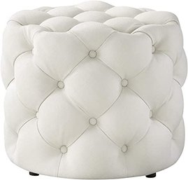 #46 Inspired Home Cream Linen Ottoman - Design: Lauren Allover Tufted Round Modern Contemporary 1 PC