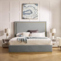 #73 **Inspired Home Addalyn Upholstered Platform Velvet Contemporary King Bed With Gold Base Frame, Grey