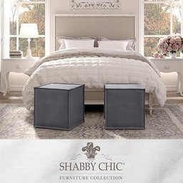 #141 (1) Shabby Chic Larue Upholstered Linen Square Ottoman, Bedroom And Living Room Furniture, Dark Grey