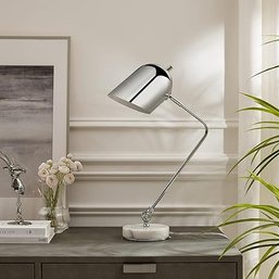 #115 Inspired Home Craig Table Lamp With Marble Stone Base And Sturdy Metal Frame, Chrome