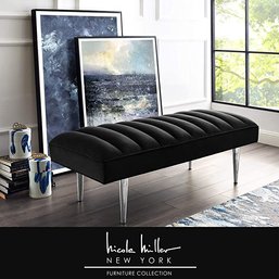 #58 Nicole Miller Raul Bench - Velvet Upholstered Channel Tufted Mirrored Metal Legs Glam Black/Chrome