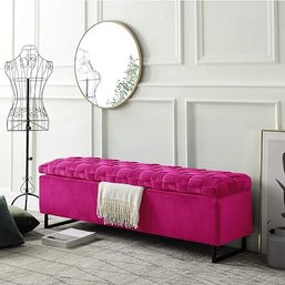 33 Inspired Home Velvet Storage Ottoman Hand Woven Entryway Bench With Storage And Foot Rest, Navea, Fuchsia