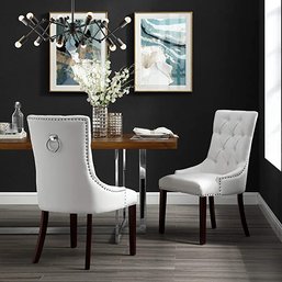 #72 InspiredHome White Leather Dining Chair - Design: Alberto Set Of 2 Tufted Ring Handle Chrome Nailhead