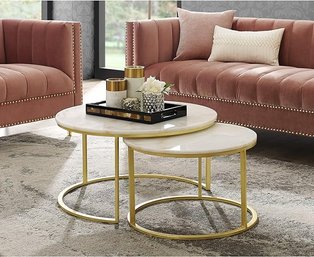 #10 Inspired Home Gold Coffee Table - Design: Irene Round Natural Marble Top Stackable Metal Base Set 2
