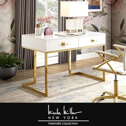 #91 Nicole Miller Desk - WhiteGold Design: Mandisa 2 Drawers Hight Gloss Lacquer Finish