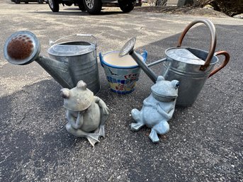 2 Watering Cans 2 Frogs And Ceramic Planter 5 Pcs Lot - G15