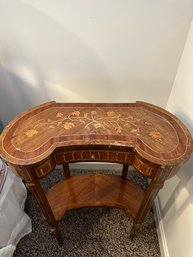 Antique Kidney Shaped Accent Table With Inlaid Details One Drawer One Shelf  - B4