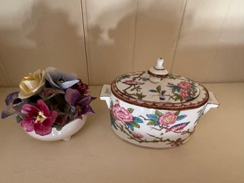 Staffordshire Porcelain Flower And 6 Inch Covered Trinket Dish - LR28