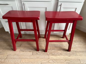 Pair Of Red Wooden Stools - K7