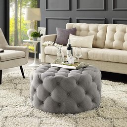 #30 Inspired Home Grey Linen Cocktail Ottoman - Design: Bella Allover Tufted Round Castered Legs