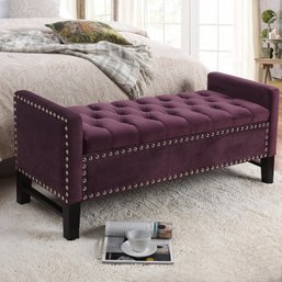 #48 Inspired Home Columbus Velvet Button Tufted With Silver Nail Head Trim Multi Position Storage Bench, Plum