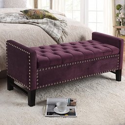 #3 Inspired Home Columbus Velvet Contemporary Button Tufted Silver Nail Head Trim Storage Bench, Plum