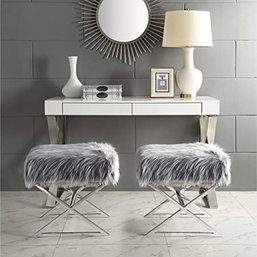 #80 Pair Inspired Home Aurora Grey Faux Fur Ottoman - Stainless Steel Chrome X-Legs Upholstered Bedroom 2 PC