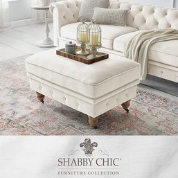 #40 Shabby Chic Willington Velvet Cocktail Ottoman With Casters, Button Tufted Ottoman Foot Rest, Beige