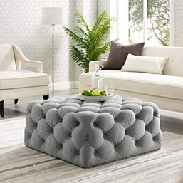 #34 Inspired Home Grey Linen Cocktail Ottoman - Design: Madeline Allover Tufted Square Castered Legs