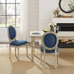 #92 Rustic Manor Fournier Dining Chair, Linen, Armless, Antique Brushed Wood Finish, Navy