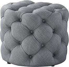#65 Inspired Home Grey Linen Ottoman - Design: Lauren Allover Tufted Round Modern Contemporary 1 PC