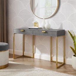 #65 Abdiel Faux Shagreen Console Table With Gold Base, Grey