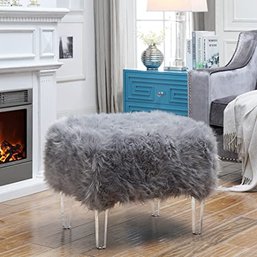 #141 Inspired Home Ava Grey Faux Fur Ottoman Modern Acrylic Legs Upholstered Living Room, Entryway BR