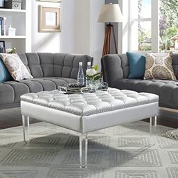 #107 Coco Silver Leather Acrylic Ottoman Cocktail Coffee Table Square Tufted Modern And Contemporary