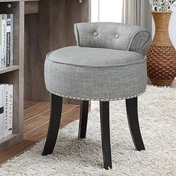 #19 Taylor Grey Linen Vanity Stool - Nailhead Trim Roll Back Button Tufted