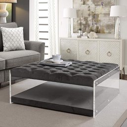 #4 Inspired Home Audrey Grey Velvet Acrylic Ottoman - Cocktail Coffee Table Square Tufted Nailhead