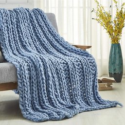 #64 Knit Throw Blanket - Light Blue Throw Blanket For Bedroom Couch 100 Polyester Yolly 50' X 70'