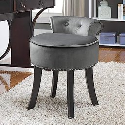 #44 Inspired Home Taylor Velvet Contemporary Nail Head Trim Rolled Back Vanity Stool, Light Grey
