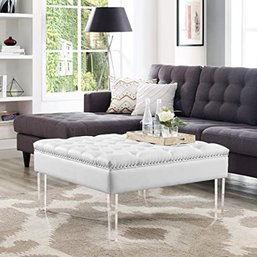 #159 Inspired Home Coco White PU Leather Ottoman -Oversized Button Tufted Nailhead Trim Acrylic Legs