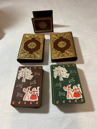 5-pc 2 Decks Of Cards  Leather Book-Look Cases In Matching Stand