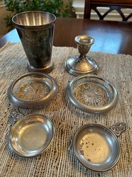 Set Of 2 Sterling Porringers, 1 Sterling Ashtray, Sterling Weighted Candle Holder And Two Plated Pieces - S8