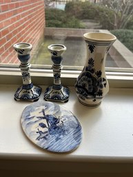 Delft Blue & White 4 Piece Lot: 2 Candle Holders, Vase & Tile - 27