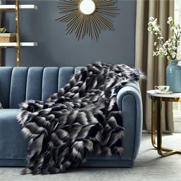 #149 Zayan Faux Feather Fur Throw Reverse Micromink 50' X 60', Navy