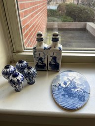 Delft Blue & White 7 Piece Lot: Oil & Vinegar, Windmill Tile With 2 Sets Of Salt & Pepper - 26