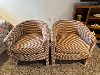 Two Matching Club Chairs With Earth Tone Geometric Patterned Fabric - B10