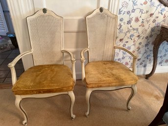 Pair Of French Provincial Ivory Chairs With Cain Backed Gold Velvet Seats - DR29