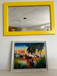 Vintage Yellow Wooden Mirror And Tropical Framed Paint Signed By Artist - B24