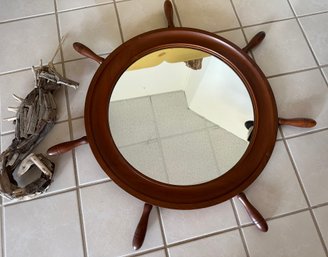 Ships Wheel Wooden Mirror And Driftwood Seahorse - B26