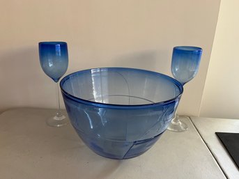 Handblown Salamander Cobalt Blue Glasses By Josh Simpson And Handblown Cobalt Blue Glass Bowl - 25