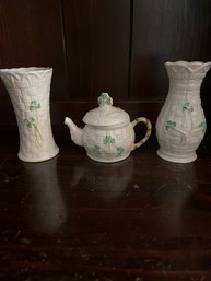 Two Belleek Vases And  A Covered Trinket Holder