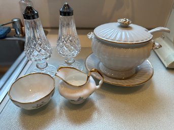 Waterford Crystal Salt And Pepper Shakers, Gravy Boat With Cream And Sugar Bowls - K14