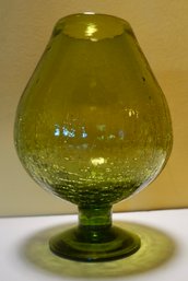 Mid Century Hand Blown Olive Green Crackle Glass Vase