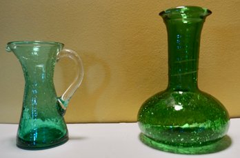 Pair Of Handblown Blue & Green Crackle Glass