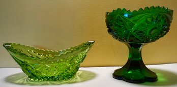 Lot Of 2 Green Glass Compote & Candy Dish