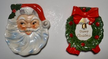 Pair Of Vintage Santa Face & Merry Christmas Wreath Wall Plaque