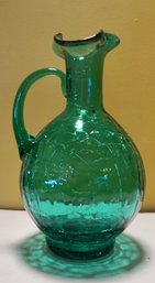 Mid Century Crackle Glass Deep Turquoise Hand Blown Pitcher