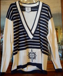 #52n Vintage Evan Picone Blue & White Stripe V-Neck  Sweater 50 Wool Size P