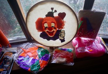 Lot Of 5 Clown Shoes, Wig, Hat & Needlepoint Clown