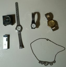 Lot Of 6 - Watches, Alarm, Lighter, Costume Jewelry Necklace                              R